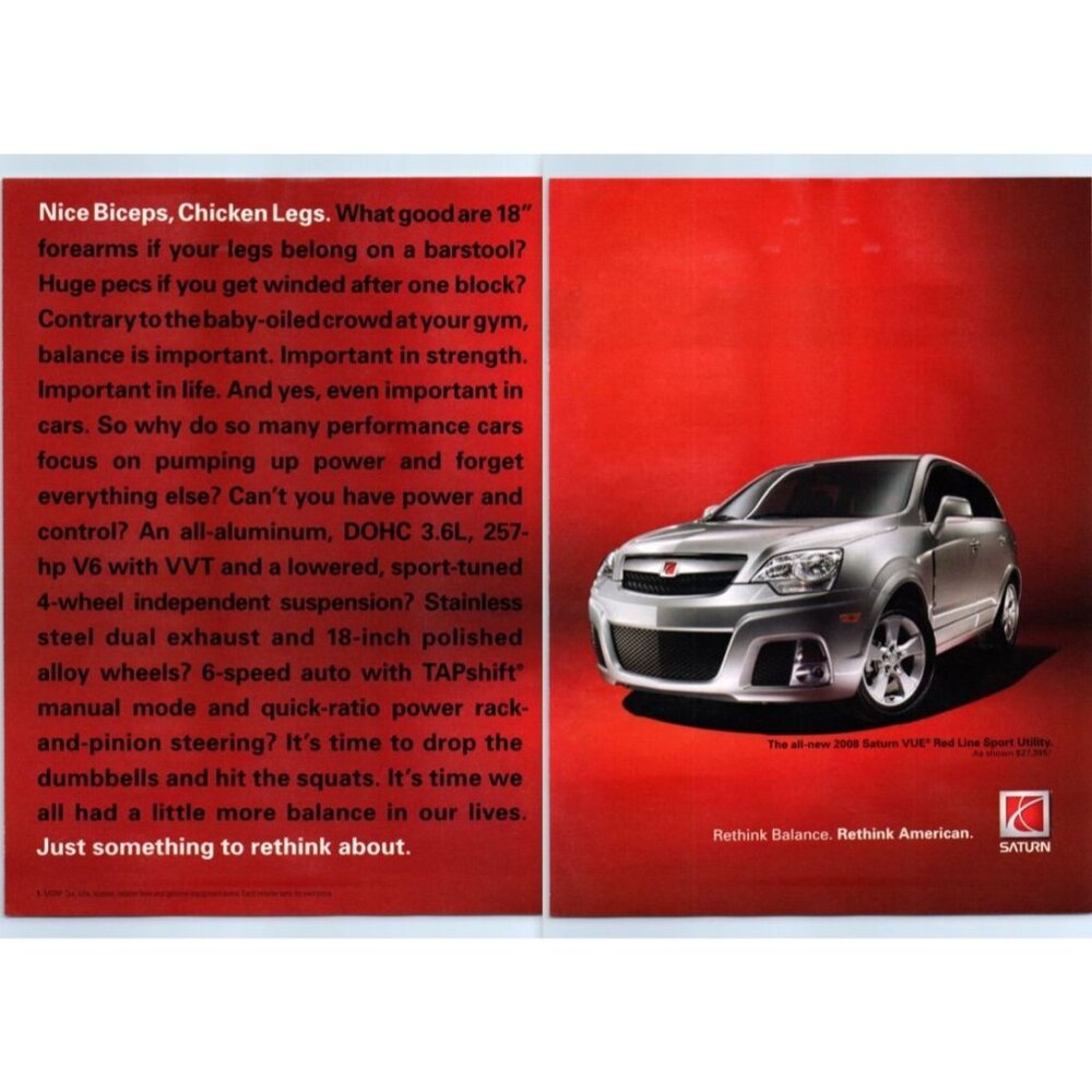 2008 Saturn Vue Red Line V6 SUV 2 Page Vintage Print Ad Man Cave Wall Art